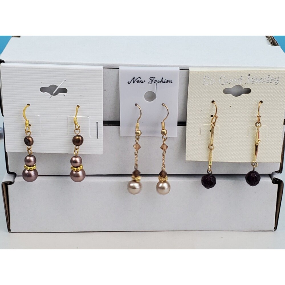 Gold-Tone Beaded Drop Earrings Lot 3 Pairs: Pearl Tone, Plum Faux Crystal, Mauve